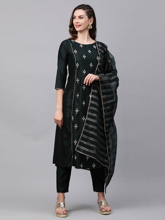 Women Green Embroidered A - Line Kurta Trouser With Dupatta Set