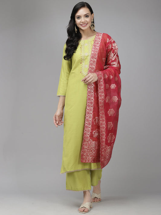 Women Green Embroidered Straight Kurta Trouser With Dupatta Set