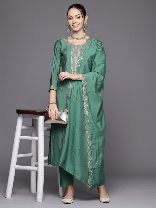 Women Green Embroidered Straight Kurta Trousers With Dupatta  Set