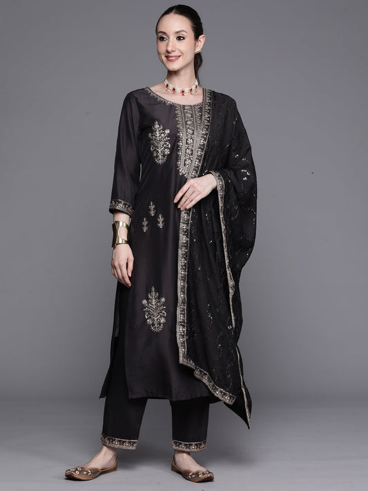 Women Grey Embroidered Ethnic Straight Kurta Trousers With Dupatta Set