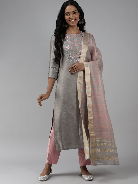 Women Grey Embroidered Straight Kurta Trouser With Dupatta Set