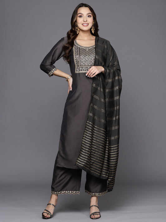 Women Grey Embroidered Straight Kurta Palazzos With Dupatta Set