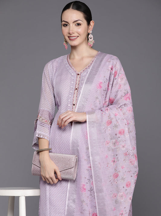 Women Lavender Embroidered Straight Kurta Trousers With Dupatta Set