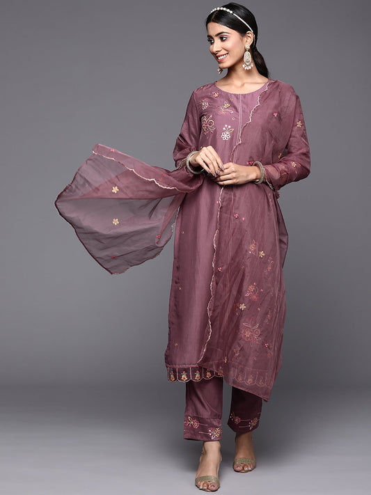 Women Lavender Embroidered Straight Kurta Trousers With Dupatta Set