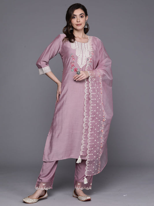 Women Lavender Embroidered Straight  Kurta Trousers With Dupatta Set