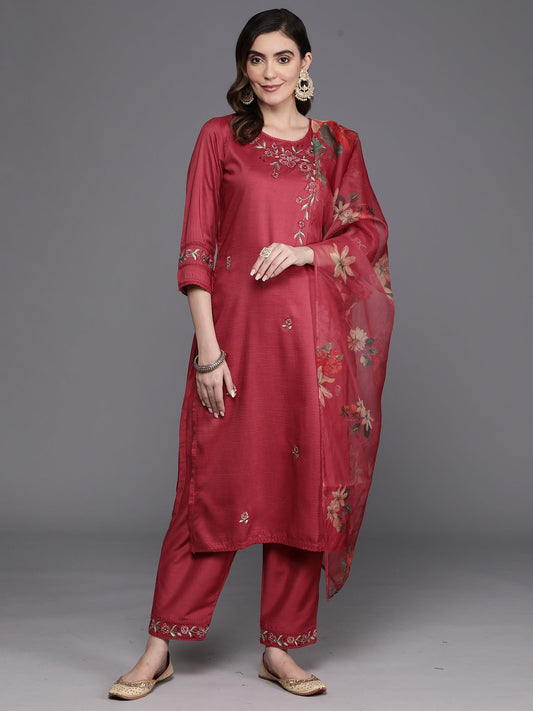 Women Maroon Embroidered Straight Kurta Trousers With Dupatta Set