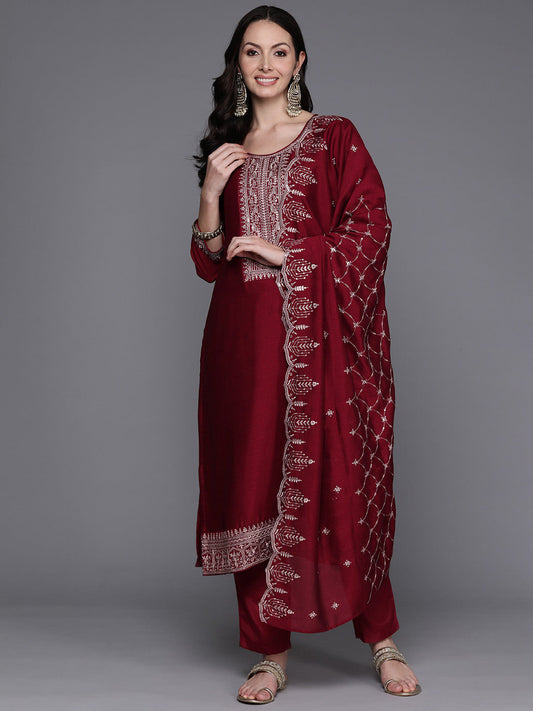 Women Maroon Embroidered Straight Kurta Trousers With Dupatta Set