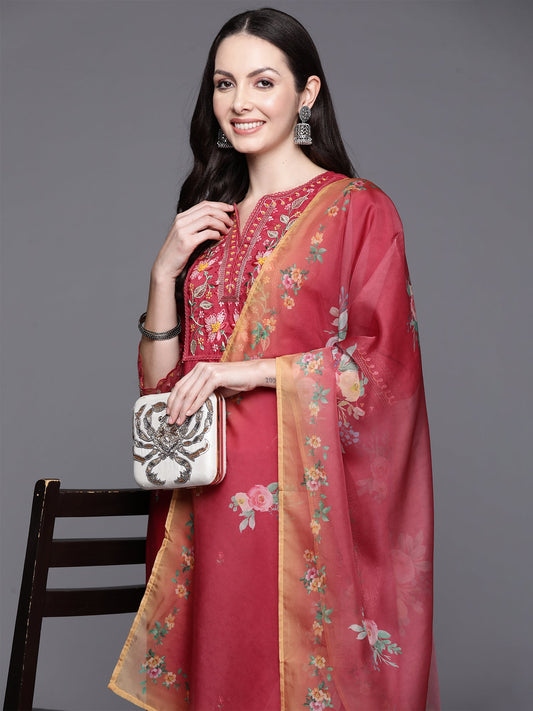 Women Maroon Embroidered Straight Kurta Trousers With Dupatta Set