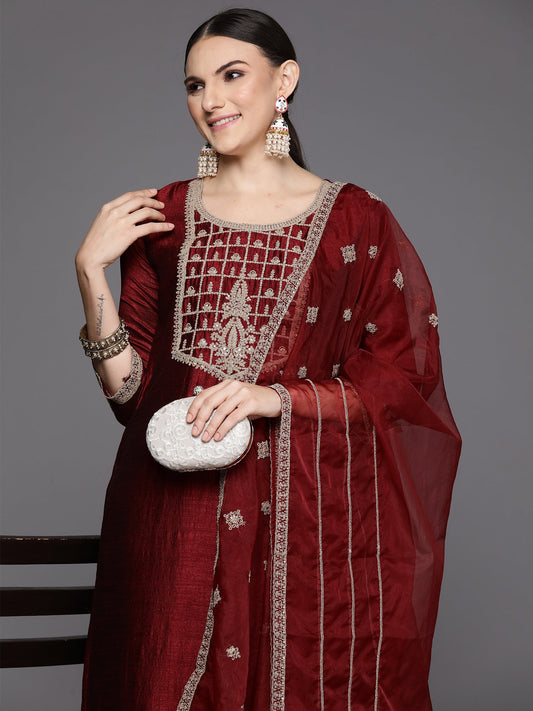 Women Maroon Embroidered Straight Kurta Trousers With Dupatta Set