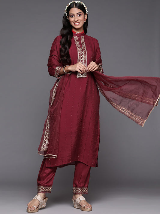 Women Maroon Embroidered Straight Kurta Trousers With Dupatta Set