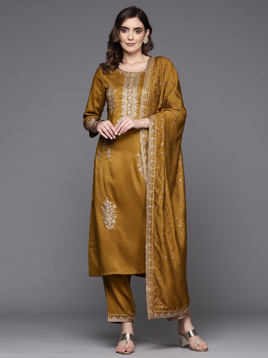 Women Mustard Embroidered Straight Kurta Trousers With Dupatta Set