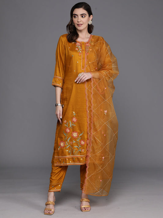 Women Mustard Embroidered Straight Kurta Trousers With Dupatta Set