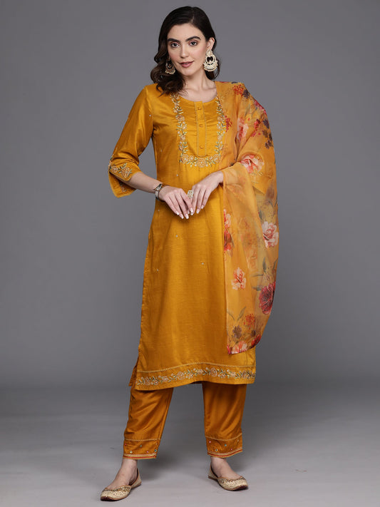 Women Mustard Embroidered Straight Kurta Trousers With Dupatta Set