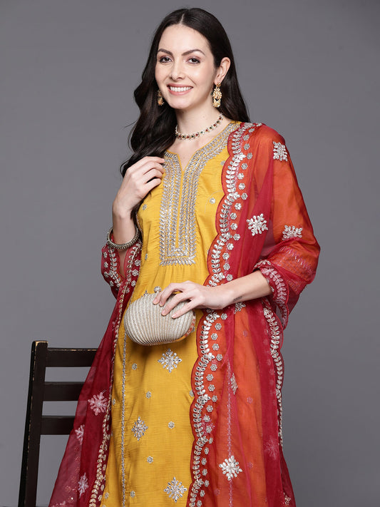 Women Mustard Embroidered Straight Kurta Trousers With Dupatta Set