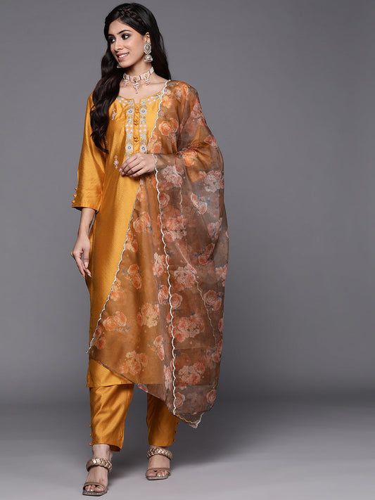 Women Mustard Embroidered Straight Kurta Trousers With Dupatta Set