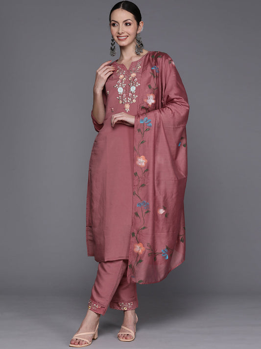 Women Mauve Embroidered Straight Kurta Trousers With Dupatta Set