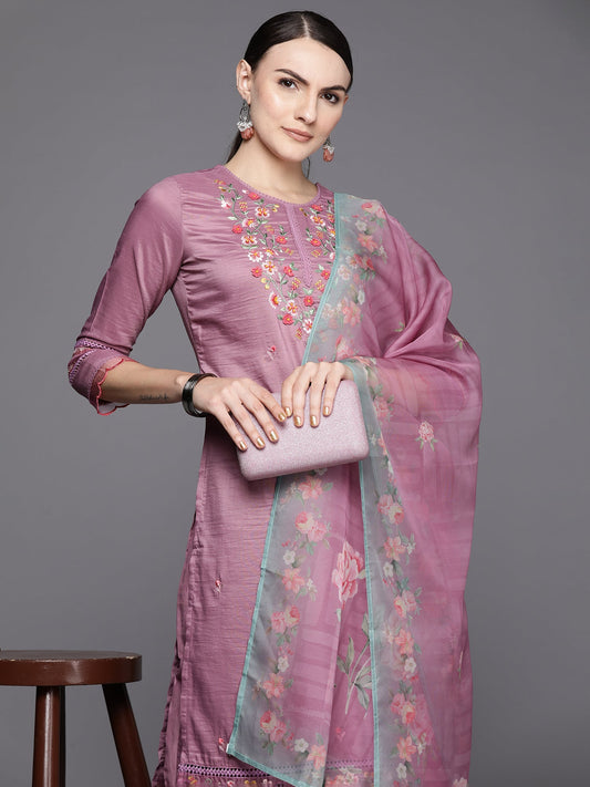 Women Mauve Embroidered Straight Kurta Trousers With Dupatta Set