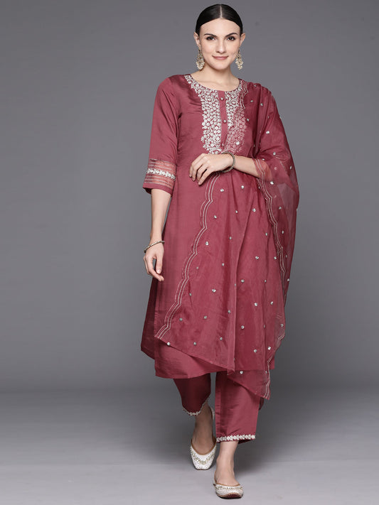 Women Mauve Embroidered Straight Kurta Trousers With Dupatta Set