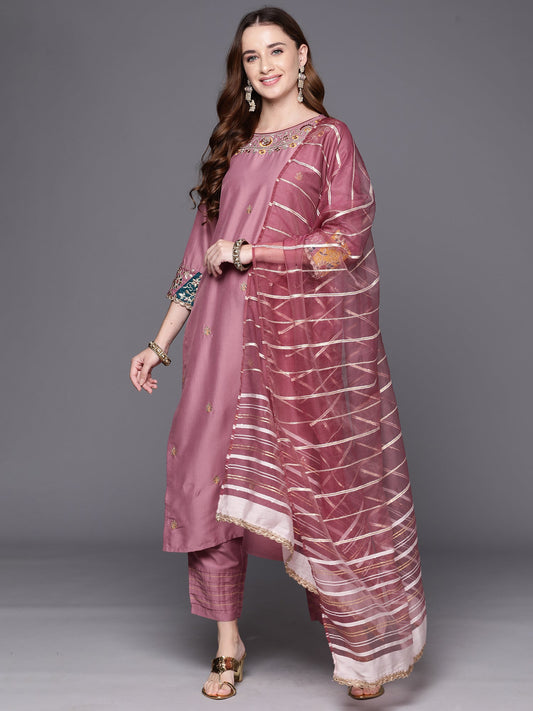 Women Mauve Embroidered Straight Kurta Trousers With Dupatta Set