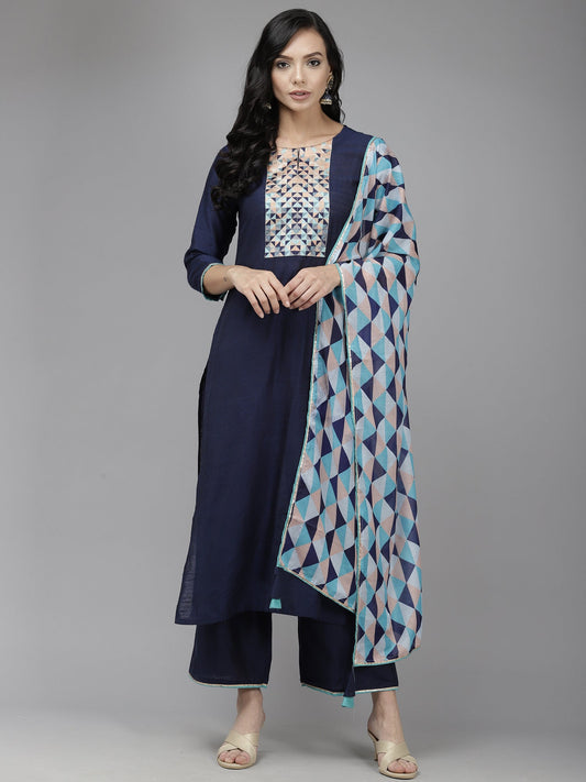 Women Navy Blue Solid Straight Kurta Palazzo With Dupatta Set