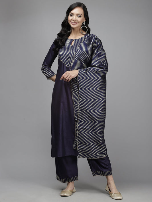 Women Navy Blue Solid Straight Kurta Palazzo With Dupatta Set