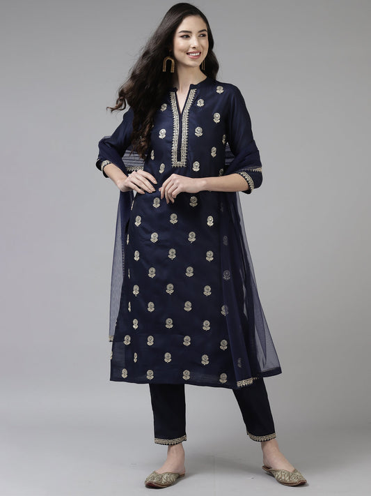 Women Navy Blue Embroidered Straight Kurta Trouser With Dupatta Set