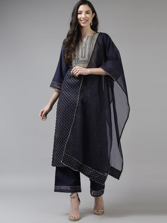 Women Navy Blue Embroidered Straight Kurta Trouser With Dupatta Set