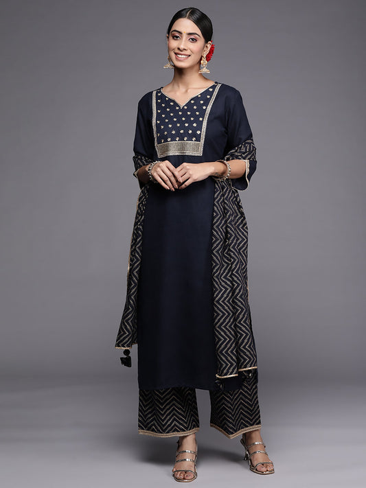 Women Navy Blue Solid Straight Kurta Palazzo With Dupatta Set