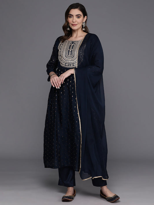 Women Navy Blue Embroidered A-Line Kurta Trousers With Dupatta Set