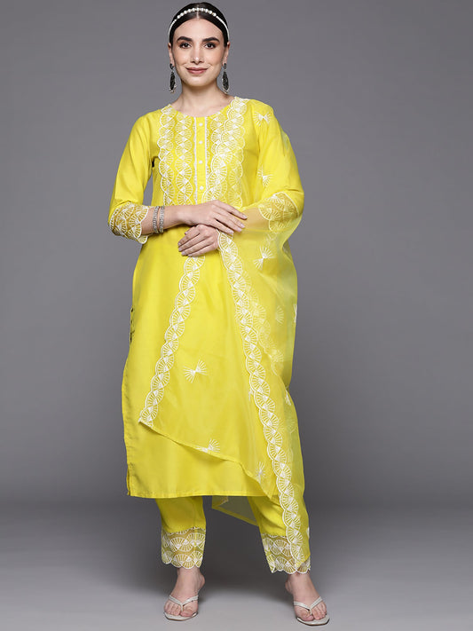 Women Olive Embroidered Straight Kurta Trouser With Dupatta Set