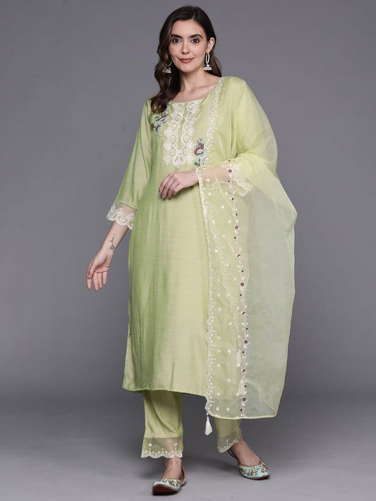 Women Olive Embroidered Straight  Kurta Trousers With Dupatta Set