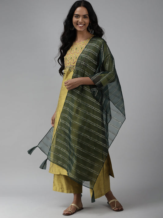 Women Olive Embroidered Straight Kurta Palazzo With Dupatta Set