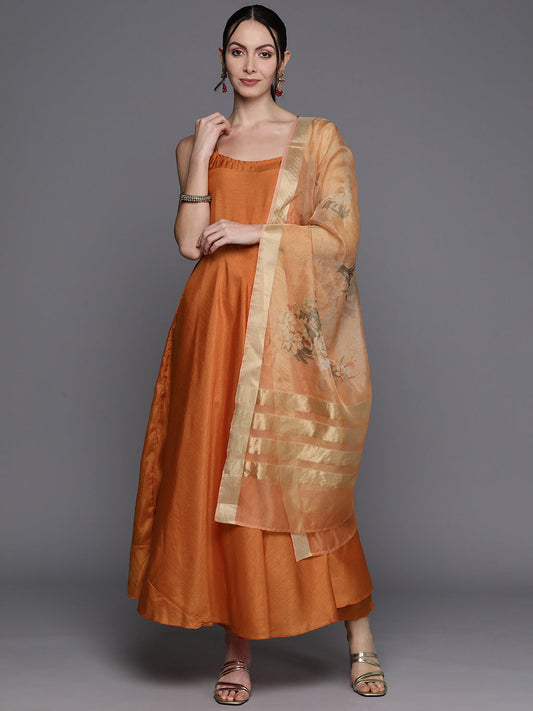 Women Orange Solid A-Line Ethnic Kurta Palazzos With Dupatta Set