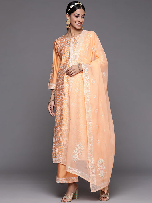 Women Orange Printed Straight Kurta Palazzos With Dupatta Set