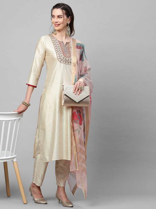 Women Off White Embroidered Straight Kurta Trouser With Dupatta Set