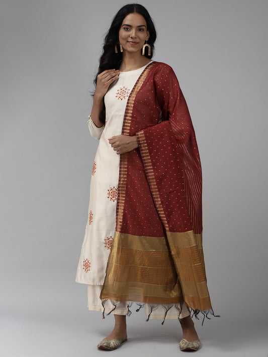 Women Off White Embroidered Straight Kurta Trouser With Dupatta Set