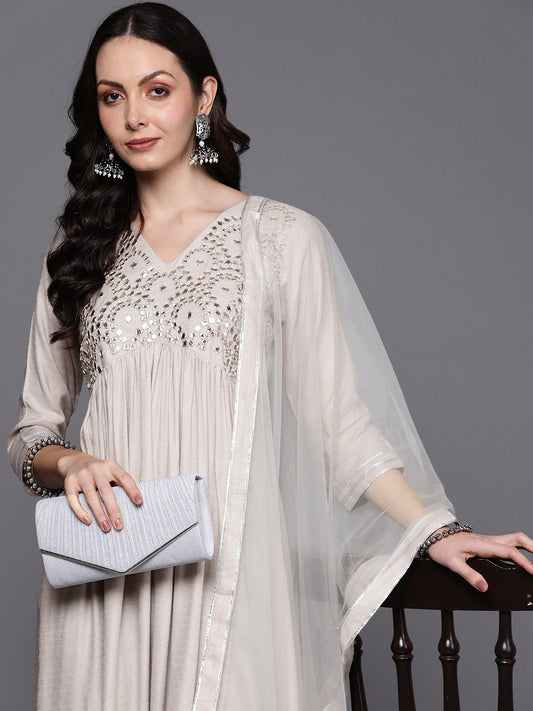 Women Off White Embroidered A-Line Kurta Trousers With Dupatta  Set