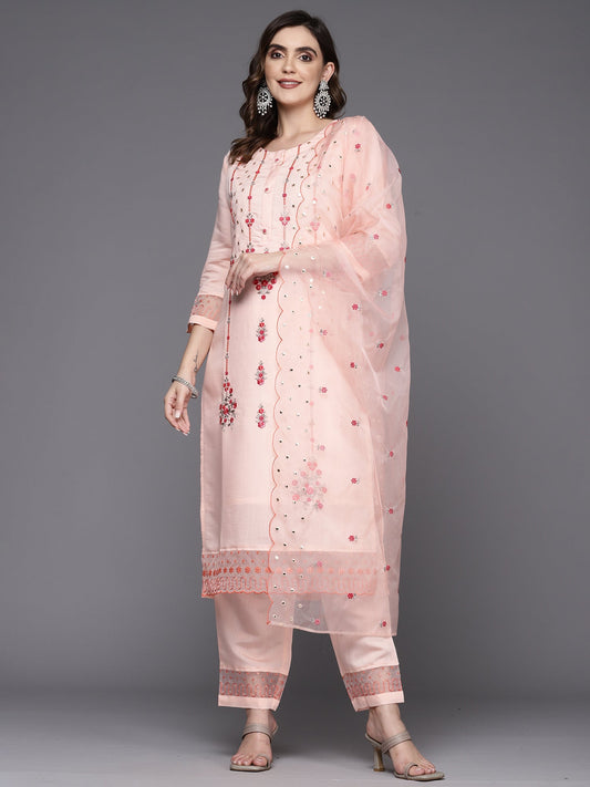 Women Peach Embroidered Straight Kurta Trousers With Dupatta Set