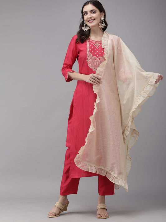 Women Pink Embroidered Straight Kurta Trouser With Dupatta Set