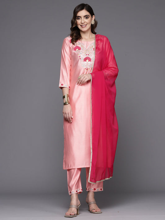 Women Pink Embroidered Straight Kurta Trousers With Dupatta Set