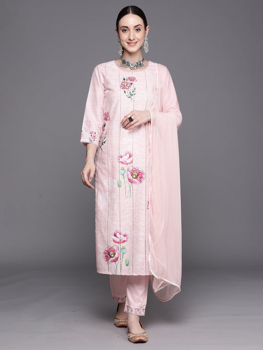 Women Pink Embroidered Straight Kurta Trousers With Dupatta Set