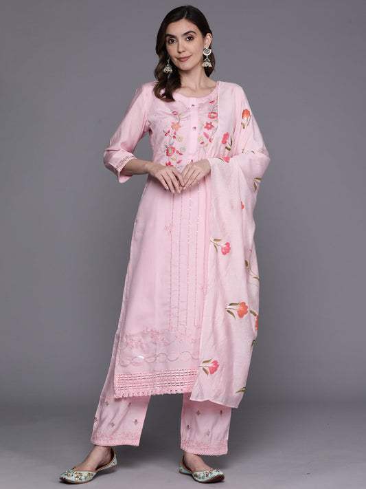 Women Pink Embroidered Straight Kurta Trousers With Dupatta Set