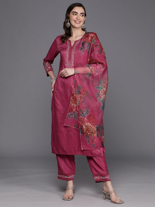 Women Pink Embroidered Straight Kurta Trousers With Dupatta Set