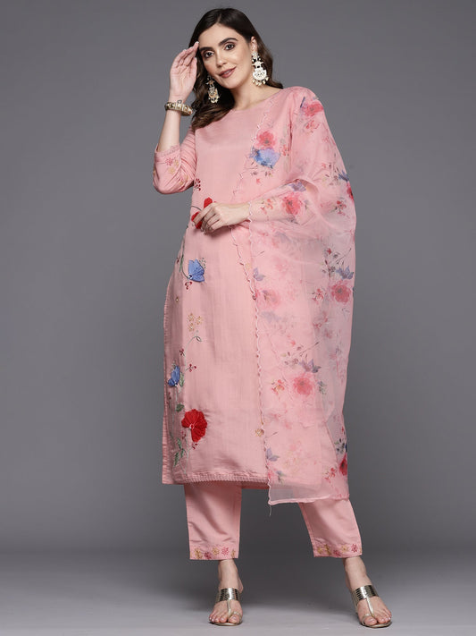 Women Pink Embroidered Straight Kurta Trousers With Dupatta Set