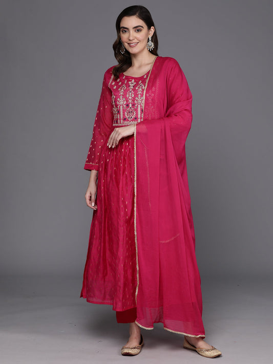 Women Pink Embroidered A-Line Kurta Trousers With Dupatta Set