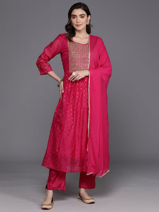 Women Pink Embroidered A-Line Kurta Trousers With Dupatta Set