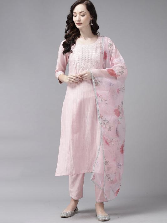 Women Embroidered Pink Straight Kurta Trouser With Dupatta Set