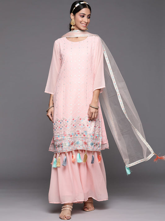 Women Pink Embroidered Straight Kurta Sharara With Dupatta Set