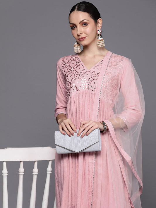 Women Pink Embroidered A-Line Kurta Trousers With Dupatta  Set