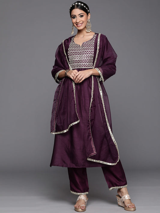 Women Purple Solid Straight Kurta Trouser With Dupatta Set